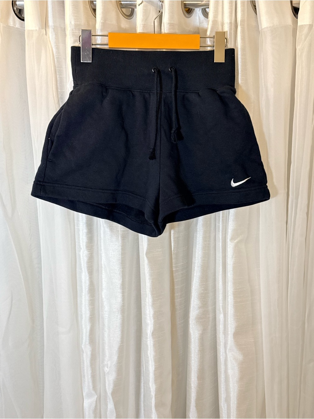 Nike Women's Black Ribbed High-Waist Athletic Shorts with White Swoosh